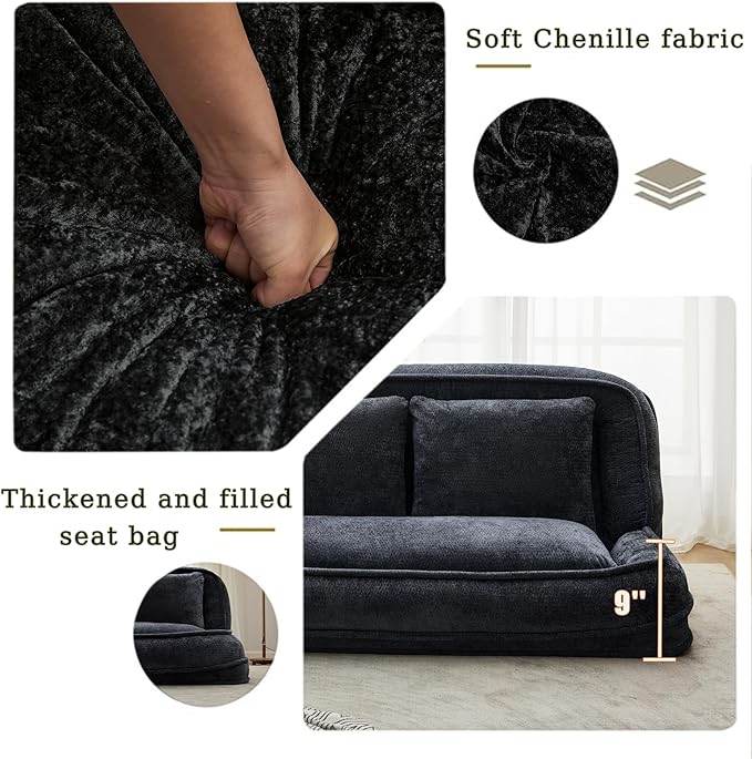 Double Human Dog Bed for Adult and Kids, Comfy Foldable Lazy Floor Loveseat Sofa Bed with 5 Adjustable Position, Upholstered Floor Bean Bag Lounger Chair for Bedroom, Living Room,Office (Black)