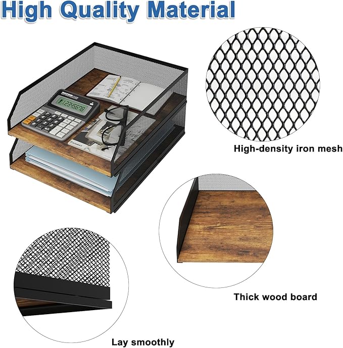 Natwind 2-Tier Stackable Paper Tray, Metal Mesh Desktop Organizer, Wood Board Paper Sorter, Letter Trays,File Document Storage Rack for for Home, Office, School (Retro)