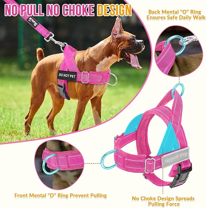 SlowTon No Pull Dog Harness - Heavy Duty Dog Harness and Leash Set for Medium Large Dogs, Reflective Tactical Harness with Soft Padded and Front Clip for Easy Walk and Training (Fuchsia XL)