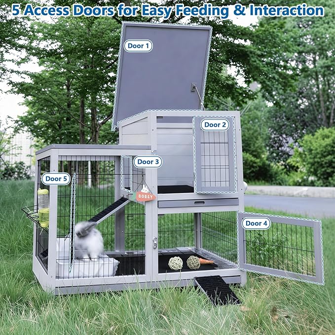 Rabbit Hutch Indoor Outdoor Bunny Cage with Urine Guards 2 Storey Mobile Guinea Pig Cage Weatherproof Asphalt Roof Wire Bottom 2 Trays