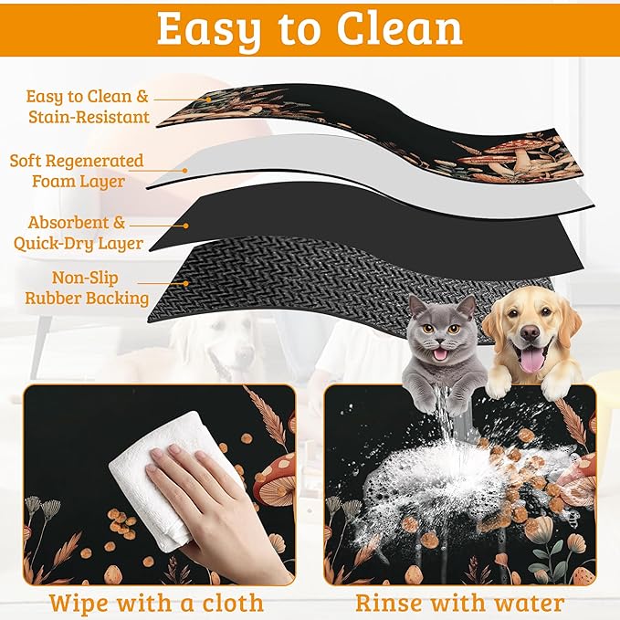 Vintage Mushroom Dog Food Mat,Leaf Absorbent Pet Feeding Mat for Food and Water Bowl,Quick Dry Dog Placemat Non Slip Rubber Backing Waterproof Pet Supplies 12" x 20"