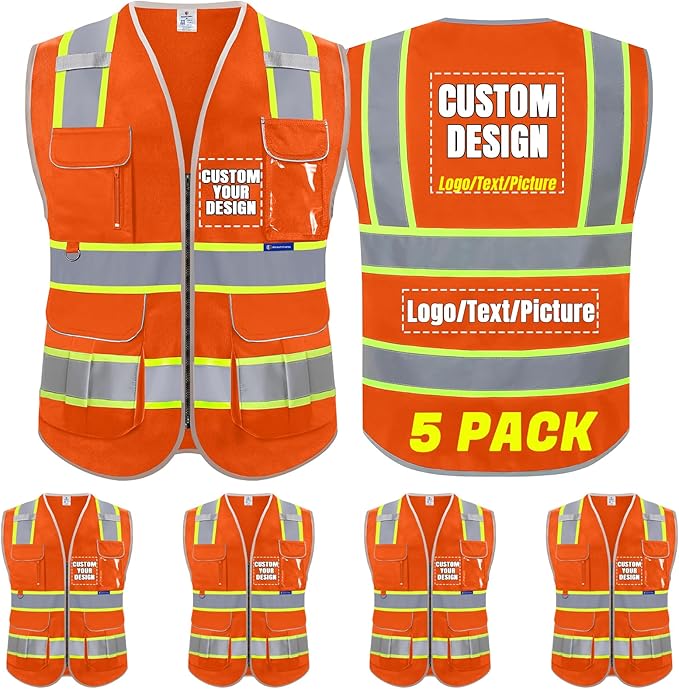 BeautyWill 5Pack Custom Logo Safety Vest 8 Pockets Class2 ANSI Certified High Visibility Reflective Vest for Men - Personalized Logo Heavy-Duty Work Vest（Orange，S）