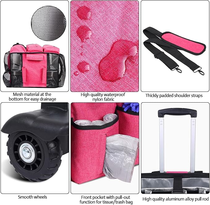 Extra Large Rolling Cleaning Caddy Bag with Detachable, Foldable Trolley Portable Cleaning Cart for Housekeeping Cleaning Caddy with Adjustable Shoulder Strap and Multiple Storage Pockets