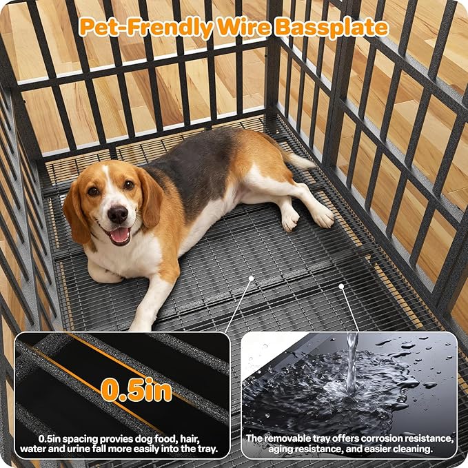 42 Inch Heavy Duty Dog Crate, Indestructible Escape-Proof Dog Kennel for High Anxiety Large Dogs, Strong Metal Pet Cage with Double Doors, Lockable Wheels & Removable Tray, XL XXL XXXL