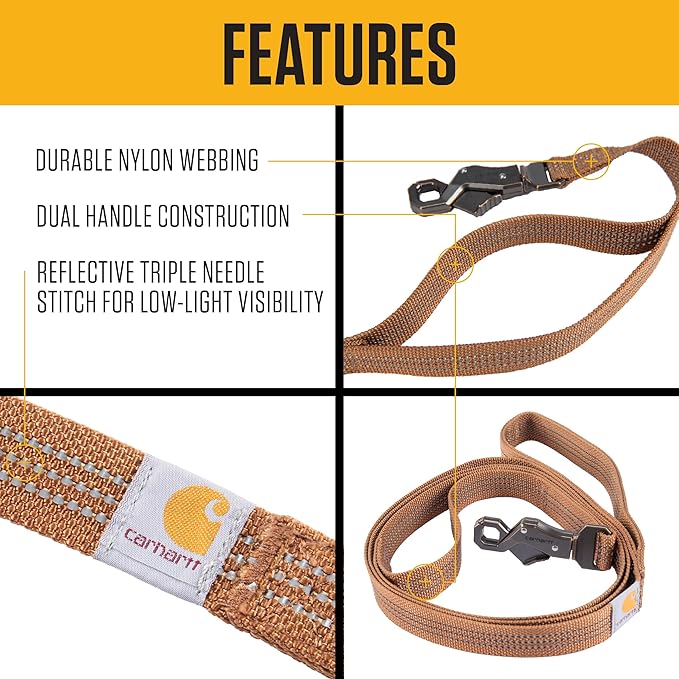 Carhartt Dual Handle Dog Leash, Durable Nylon Webbing Fabric W/Secure Metal Trigger Claw Clasp, Black, Large