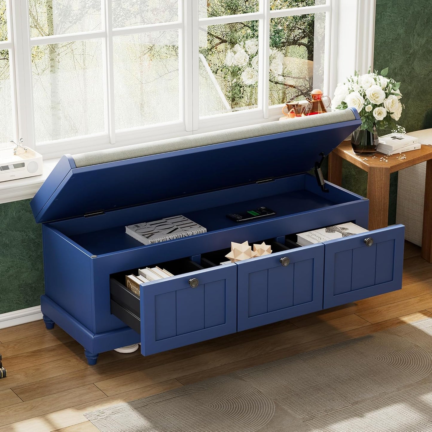 Classic Shoe Storage Bench with Cushion and Three Drawers, Fluted Entryway Bench with Storage for Entryway, Living Room, Hallways 44.0" L x 15.9" W x 18.9" H Antique Navy