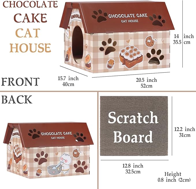 Cardboard Cat House with Scratcher - Chocolate Cake Carton Cat Box - 18''L x 15.5''W x 14''H for Cats up to 20 Lbs, Sturdy Kitty Playhouse & Hideaway - Indoor Feline Scratch Toy