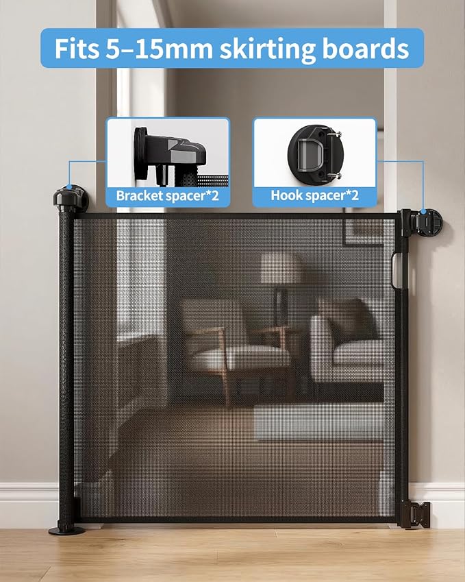 (2 Pack) Retractable Baby Gate for Doorways and Stairs, Mesh Safety Gate for Pet, Indoor & Outdoor Use, One-Hand Operation, Easy Installation, 33.6" Tall, Expands to 55" Wide（Black,33.6"x55"