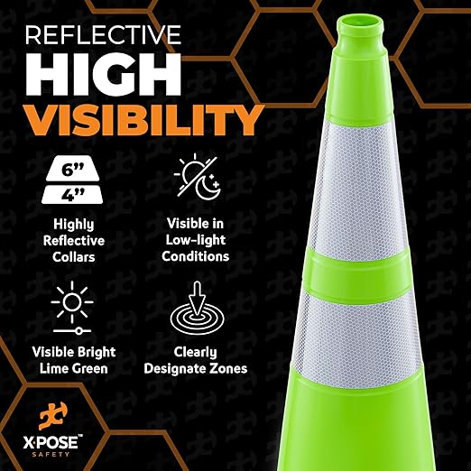Xpose Safety 36" Lime Traffic Cones 6" & 4" Reflective Collar - Bulk Half Pallet 125 Pack - Premium PVC Safety Cone for Parking, Caution, Construction, Road Crews, Emergency Vehicle - DOT Approved