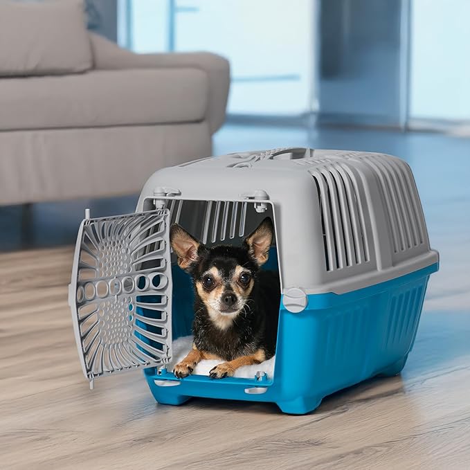 MidWest Homes for Pets Spree Travel Carrier – Hard-Sided Dog & Cat Carrier, Small Pet Travel Crate with Handle, Ventilated Design, Durable Plastic Door, Easy Assembly, 19-Inch, Blue