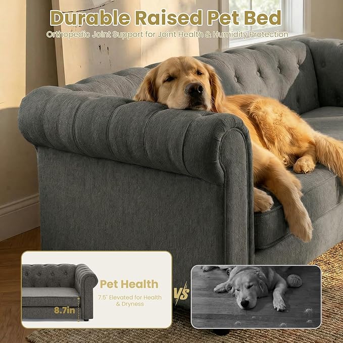 Elevated XL Large Dog Sofa with Backrest and Armrests, 55" Button Tufted Dog Couch Bed with Soft Cushion for Large Dogs, Stylish Lounging Bed Pet Couch Chair, 120Lbs Weight Capacity, Dark Gray