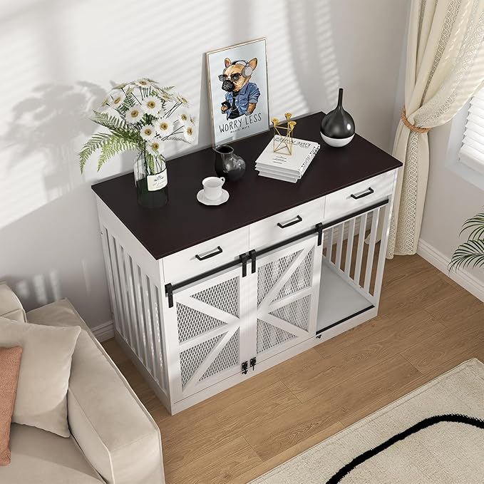 2-in-1 Farmhouse Dog Crate Furniture - Wooden Large Dog Kennel with Drawers Storage - Double Doors - Indoor TV Stand - Inner Height: 24 Inches - Ideal for One Big Dog or Two Small Dogs