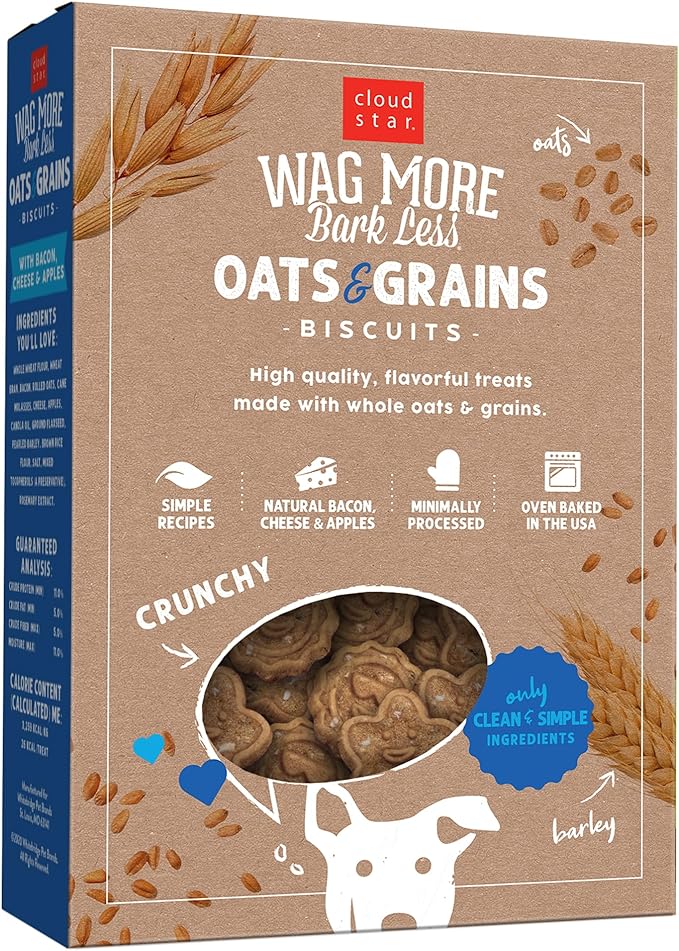 Cloud Star Wag More Bark Less Oats & Grains Crunchy Dog Treats, Bacon, Cheese & Apples, 16 oz. Box