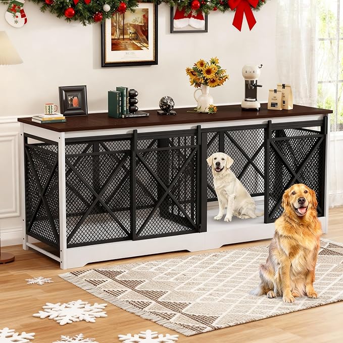 COZPAW 78 Inch Double Dog Crate Furniture, Extra Large Dog Kennel Indoor for Medium Large 2 Dogs, Heavy Duty Dog Cage Chew-Resistant Steel and Wooden Pet House with Removable Divider (White Brown)
