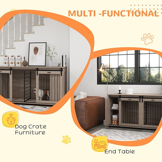PawHut Dog Crate Furniture with Removable Divider for 2 Small Dogs or 1 Large Dog, 71" Modern Kennel Furniture End Table with Storage, Double Doors, Walnut