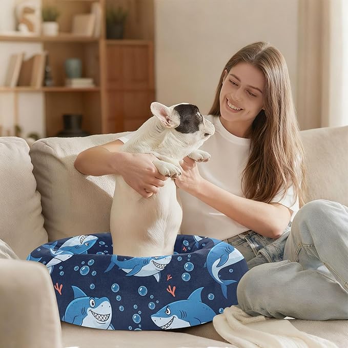 Burbuja Sharks Donut Pet Bed, Calming Soft Dog Bed with Anti-Slip Bottom, Round Cuddler Support for Dogs & Cats, Washable 16 in