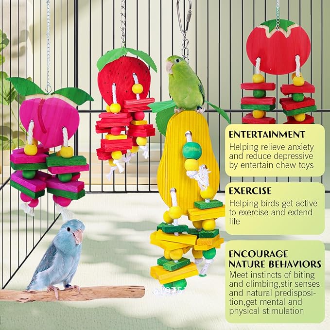 Hamiledyi Natural Wood Block Bird Cage Toys Parrot Chewing Toy Tomato&Peach&Pear&Strawberry Shaped Hanging Foraging Toy for Small&Medium Birds Parakeets Cockatiels,4pcs