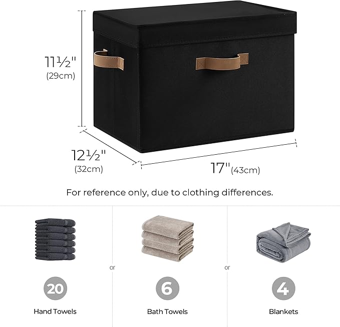 StorageWorks Fabric Storage Bins with Lid, Decorative Storage Boxes for Shelves, Stackable Closet Organizer Basket with Handles, Jumbo, Black, 2-Pack