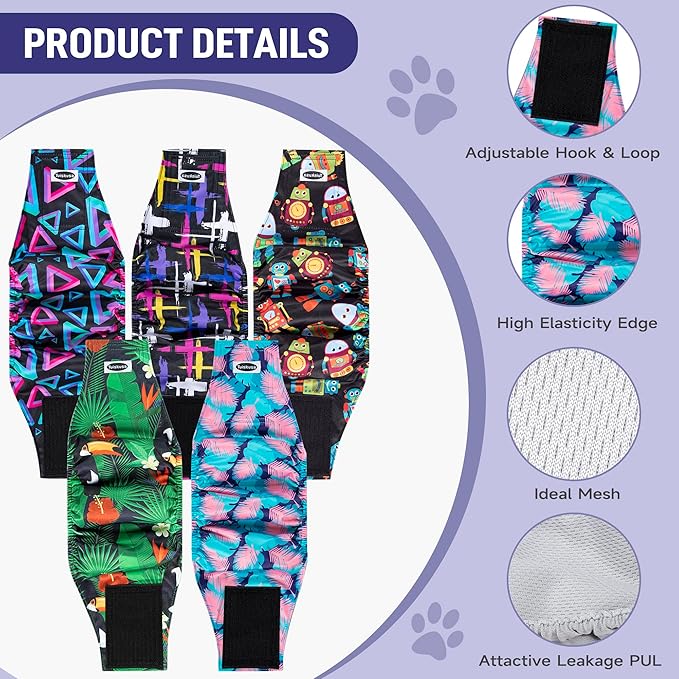 Male Dog Diapers, 5 Pack, Medium, Colorful, Male Dogs, Dog Incontinence Protectors