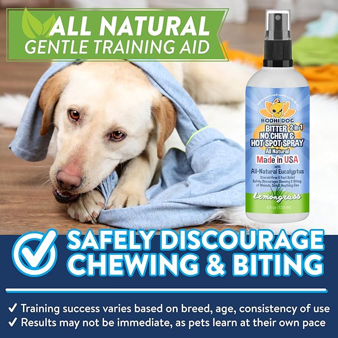 Bodhi Dog Bitter 2-in-1 No Chew & Hot Spot Spray - Natural Anti-Chew Remedy Better Than Bitter Apple - Soothes Hot Spots, Deters Chewing - Safe for Skin, Wounds & Furniture- Made in USA (4 Fl Oz)