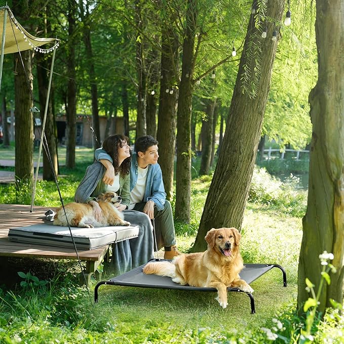 EHEYCIGA Elevated XL Dog Cot Bed, Raised Outdoor Dog Hammock for Extra Large XLarge Dogs, Lifted Pet Platform with Frame and Washable Waterproof Cooling Teslin Mesh and Anti-Slip Feet, 48x32 inch