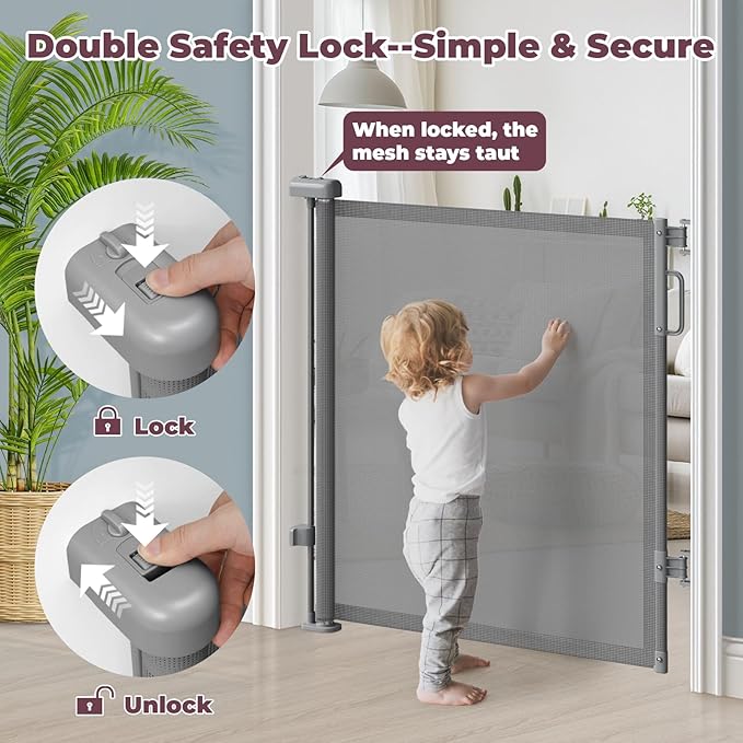 42" Extra Tall Retractable Baby Gates for Stairs, 76" Wide Dog Gate Indoor Outdoor for Doorways Deck Kitchen, Long Mesh Safety Gate for Child Toddler, Prevent Pet from Jumping Over, Grey