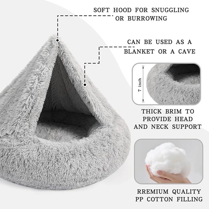 NOYAL Calming Dog Bed for Anxiety, Hooded Donut Cave with Blanket, Plush Fluffy Washable Pet Bed for Small Medium Dogs & Cats