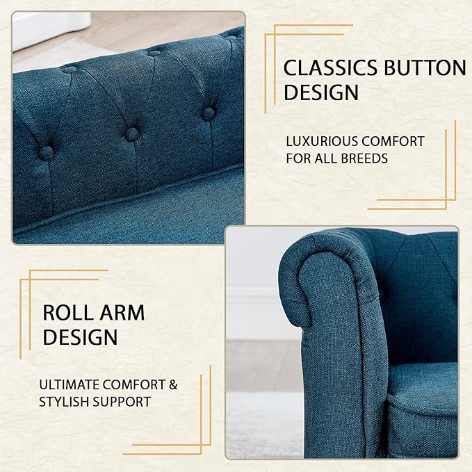 Elevated Rectangle Dog Sofa for Small & Medium Dogs - Comfortable Linen Fabric Dog Bed with Button Tufted Back, Durable Modern and Stylish Pet Bed for Living Room, Bedroom (Blue)