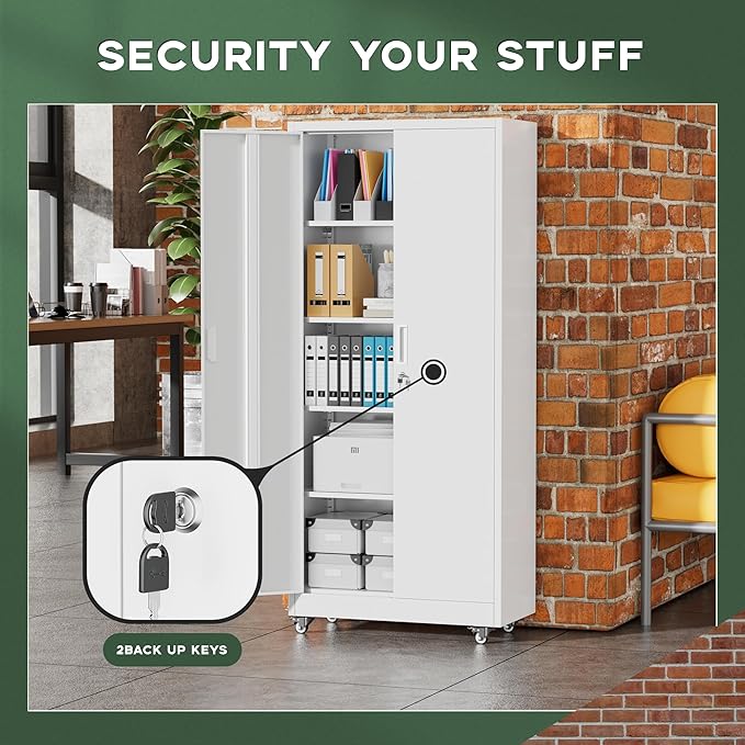 Greenvelly 73" Metal Storage Cabinet with Wheel and Pegboard, Lockable White Metal Garage Cabinets with 2 Doors and 4 Adjustable Shelves, Rolling Steel Tool Cabinet for Garage, Home Office, School