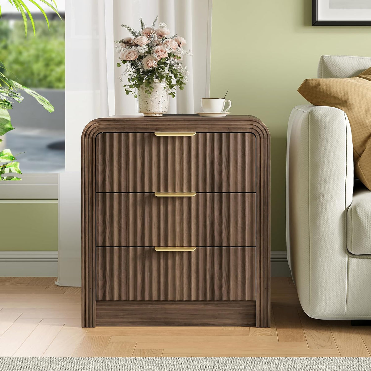 Decofy Fluted 3-Drawer Nightstand Set of 2 with Charging Station, Walnut
