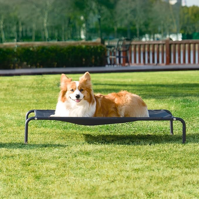 EHEYCIGA Elevated XL Dog Cot Bed, Raised Outdoor Dog Hammock for Extra Large XLarge Dogs, Lifted Pet Platform with Frame and Washable Waterproof Cooling Teslin Mesh and Anti-Slip Feet, 48x32 inch