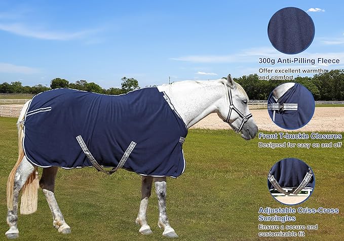 Horse Fleece Cooler, Blanket Liner - 300g Anti-Pilling Fleece, Moisture-Wicking, Cooling & Drying for Post-Workout, Bath & Travel, Prevent Overheating & Chilling Navy 69