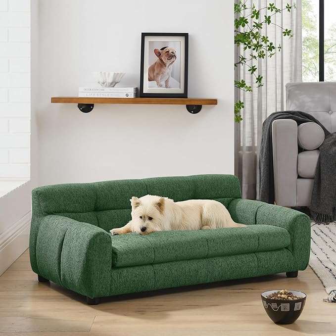 Large Dog Sofa Bed with Backrest & Armrests, Orthopedic Foam Pet Couch for Medium Large Dogs, Modern Linen Dog Bed Furniture with Short Legs & Non-Slip Base (Green)