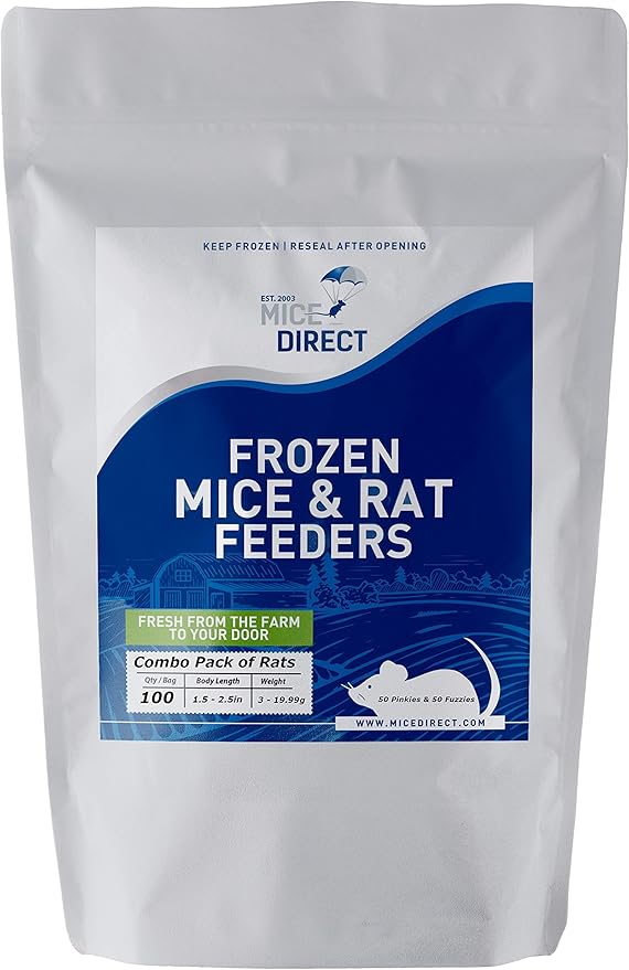MiceDirect EST. 2003 100 Frozen Rat Combo Pack 50 Rat Pinkies and 50 Rat Fuzzies Feeders Snake Food (.5-2.5 in)(600 Grams Min)