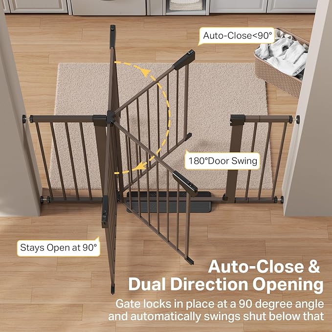 Cumbor 29.7"–51.5" Extra Wide Baby Gate for Stairs, Pressure-Mounted Dog Gates for Doorways & Hallways, Auto-Close Walk-Through, No-Trip Design, Child Proof Safety, Dog/Pet Gate for Indoor Use, Brown
