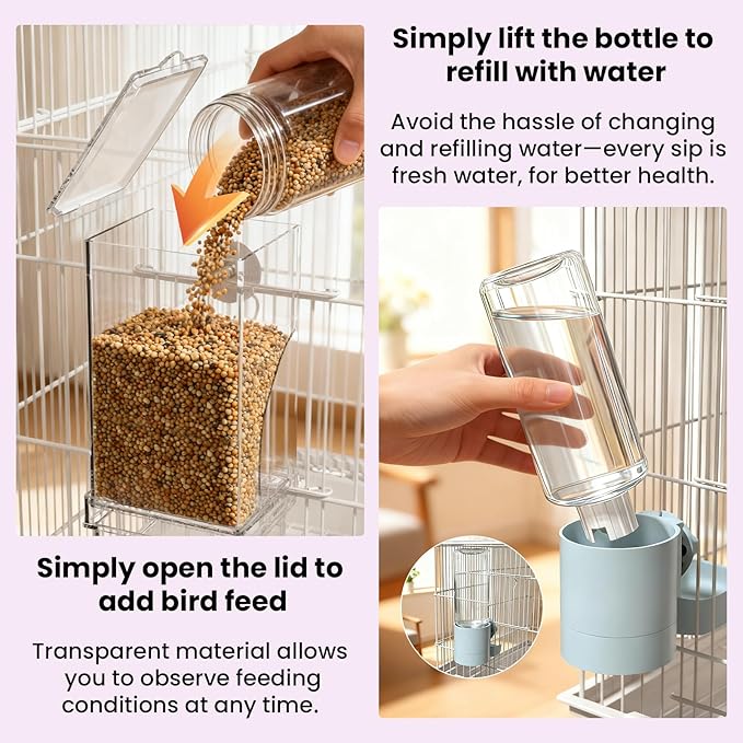 BAGHBPM No Mess Bird Feeder Water Dispenser Set,Automatic Parakeet Feeder Cage Accessories,Parrot Transparent Food Container Drinker for Cage,Canaries Budgies Lovebirds Cockatiels Finches (Pink)