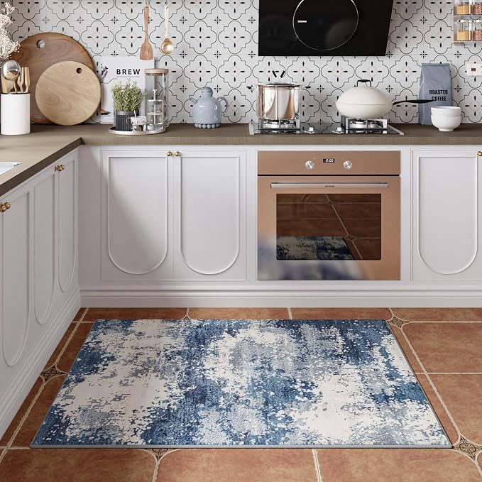Entryway Rug 2x3 Blue Door Mat Indoor Entrance 24x36, Washable Small Throw Rugs