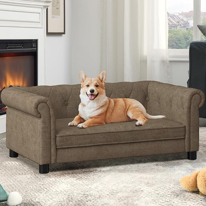 Elevated Rectangle Dog Sofa for Small & Medium Dogs - Comfortable Linen Fabric Dog Bed with Button Tufted Back, Durable Modern and Stylish Pet Bed for Living Room, Bedroom (Brown)