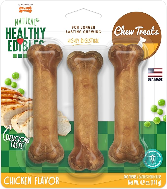 Nylabone Healthy Edibles Natural Dog Chews, Long Lasting Bones for Dogs, Chicken Flavor Dog Treats, Small (3 Count)