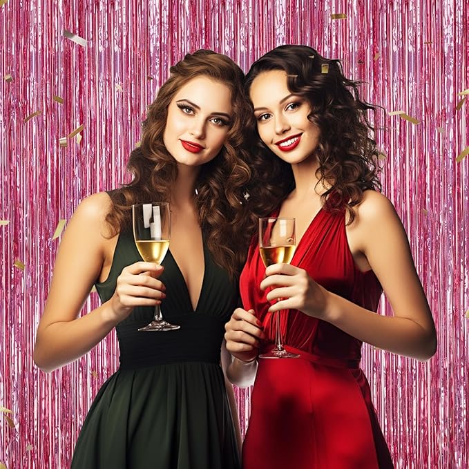 3 Pack Foil Fringe Backdrop - Laser Pink Shiny Tinsel Curtains for Party Decoration/Photo Booth Props - 3.3x8.2 FT Metallic Foil Backdrop for Birthday, Wedding, Graduation, Christmas.