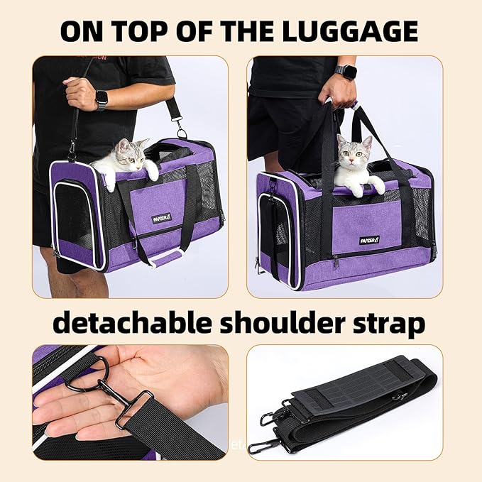Cat Carrier Soft-Sided Travel Bag for Medium to Large Cats Over 15lbs, Small Dog Carrier Crate Top Entry Breathable Mesh Puppy 12 Pounds, Pet Rabbit Carrying Cage Kennel Collapsible Purple