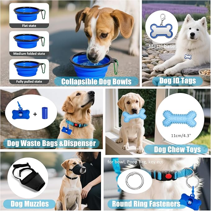 No Pull Dog Harness Adjustable Collar & Leash Set - Dog Halter Harnesses Collapsible Bowls & Poop Bag Dispenser Muzzle ID Tags Toys Fits Small Medium Large Dogs (Blue-M)