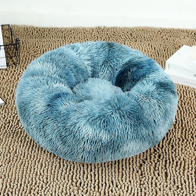 Calming Dog Bed for Small Dogs, Calming Donut Cuddler Pet Bed Anti Anxiety Round Dog Bed Fluffy Plush Faux Fur Cat Bed,Navy Blue,23.6IN