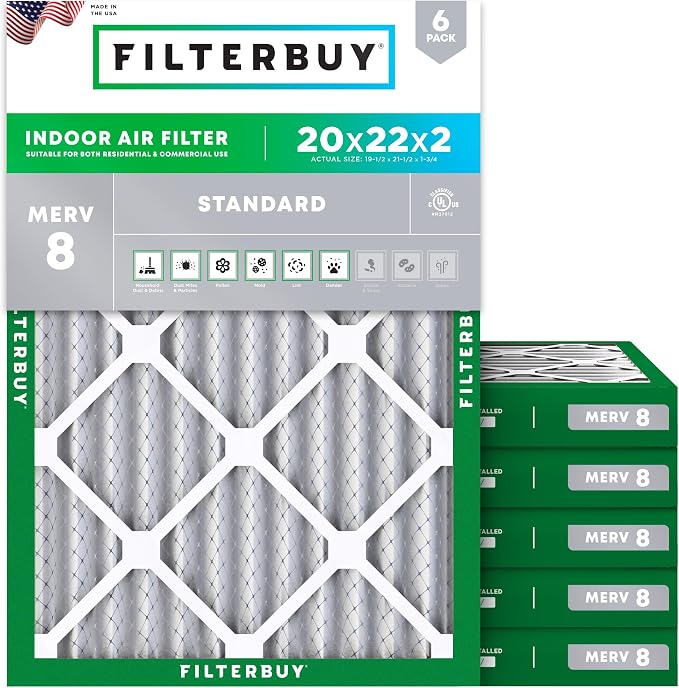 Filterbuy 20x22x2 Air Filter MERV 8 Essential Dust & Allergy Defense,