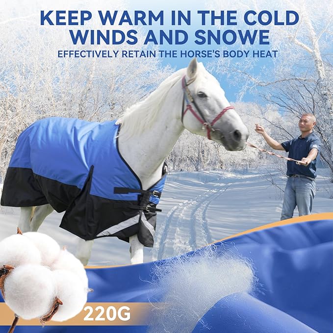 78” Winter Horse Blanket, 1200D Waterproof Poly Horse Turnout Blanket, Durable Tear-Resistant Thick Horse Blanket with Snuggit 220g Filling, Breathable Warmth Turnout Blankets for Horse