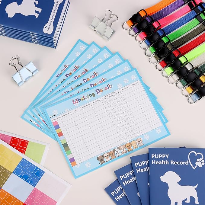 Puppy Whelping Supplies Kit Include 12 Puppy Shot Record Booklets 6 Record Keeping Charts 12 Coloured Soft Nylon Puppy Id Collars Newborn Adjustable Breakaway with 2 ID Sticker Identification Pets
