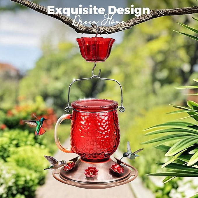 Kingsyard Glass Hummingbird Feeders for Outdoors, 16 Oz Wild Bird Feeder 6 Feeding Ports & Ant Moat Included, Hanging Bird Nectar Feeder Garden Red Décor Gifts for Mom, Red