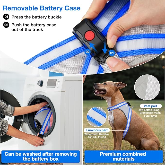 ChalkLit Light Up Dog Harness, No Pull Led Dog Harness Glow-in-The-Dark for Night Walking, USB Rechargeable Lighted Safety Vest for Medium Large Dogs, Adjustable Soft Mesh Fully Illuminated (Blue, M)