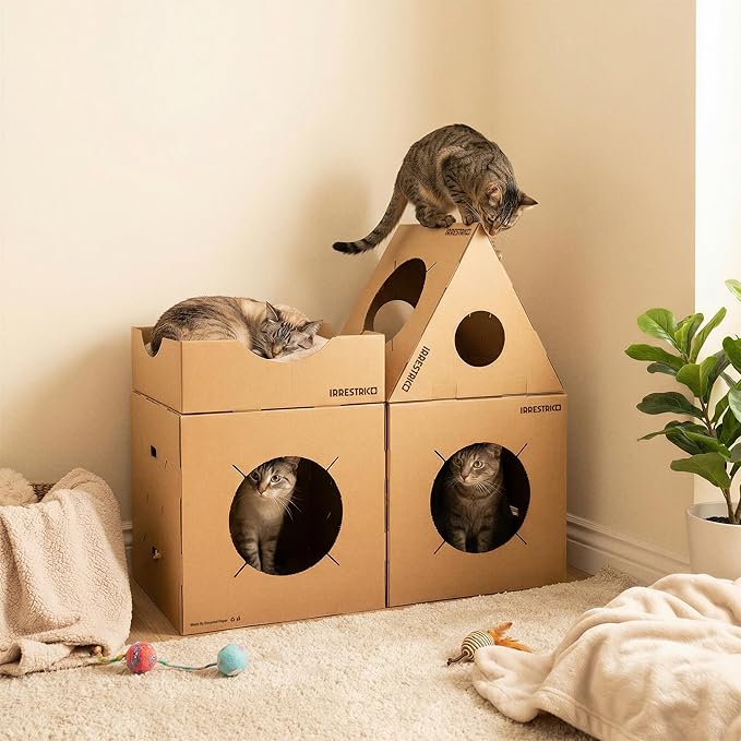 Modular Cardboard Cat Condo System, Triangle Cat Tunnel Module, Foldable Stackable DIY Cat House for Indoor Cats