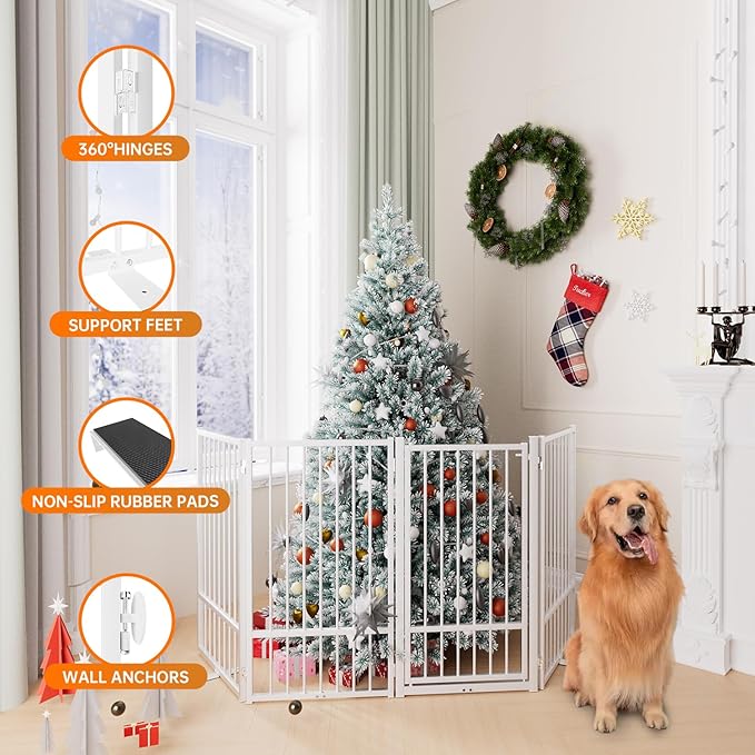 Full Metal Freestanding Dog Gate with Door, 36''Height Foldable Pet Dog Fence for Indoor & Outdoor, 4 Panels Extra Wide Free Standing TallDog Gates for Doorways,House,Stairs,Porch,Deck,Yard